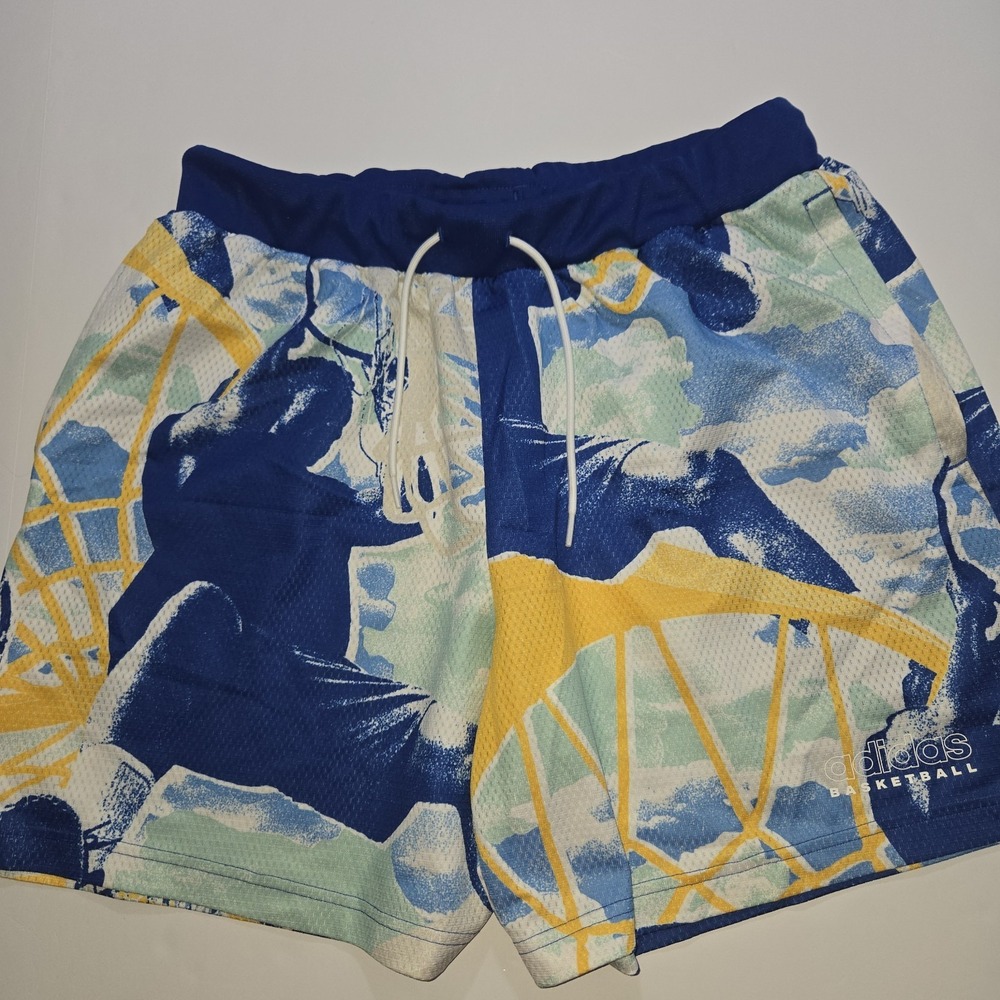 Adidas Basketball Shorts Mens Large Blue Yellow Graphic Mesh 7 Inch Inseam L7